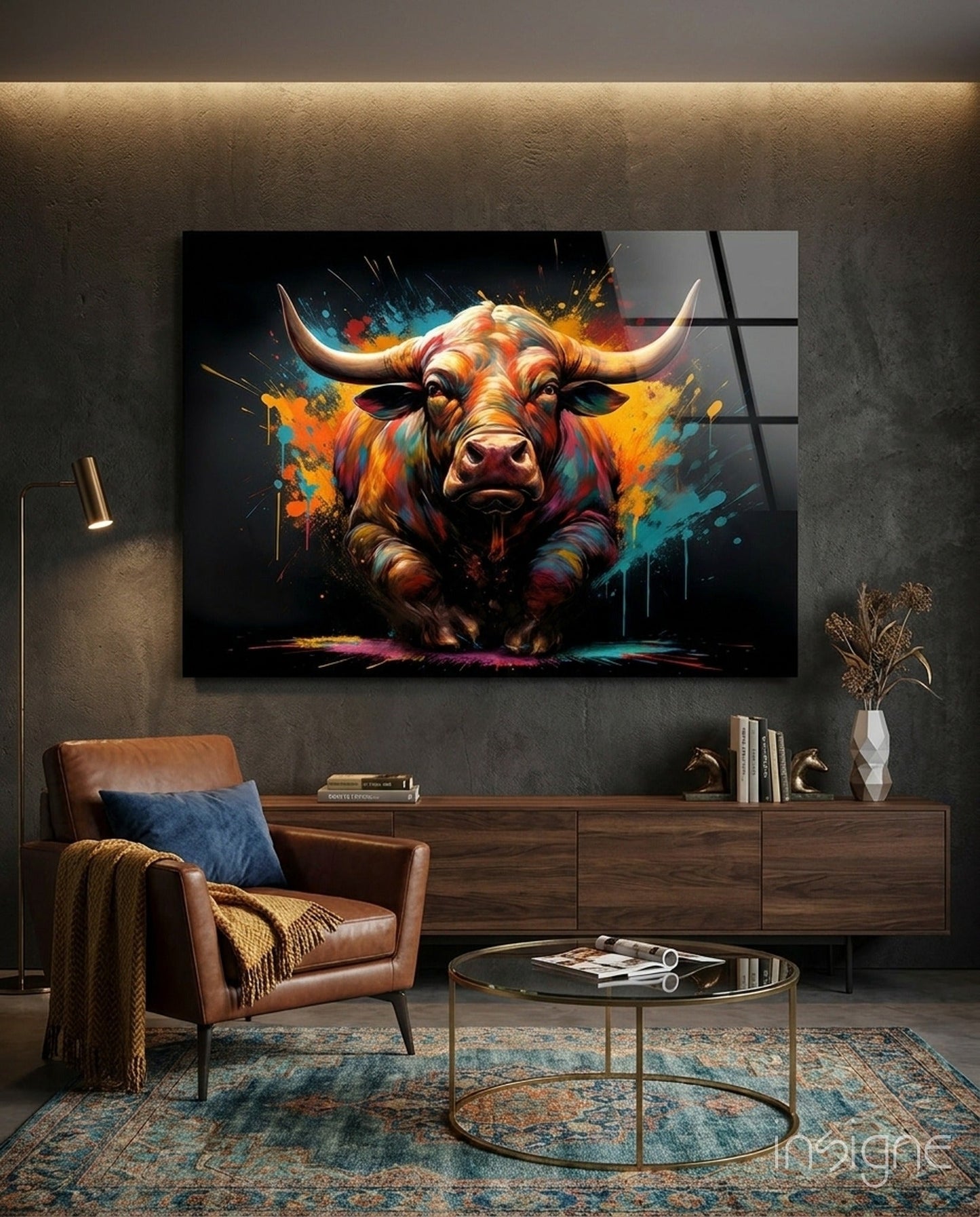 Vibrant Standing Bull Splash Glass Wall Art