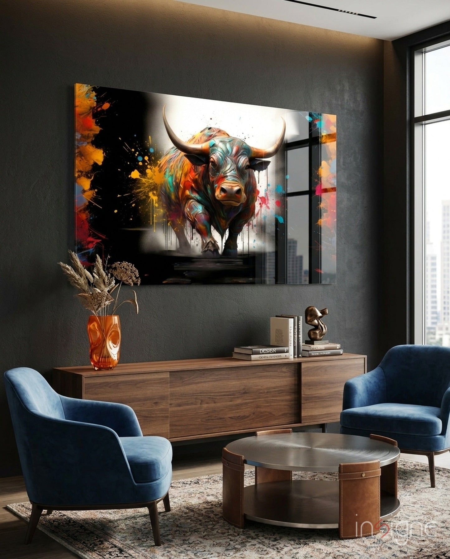 Colorful Bull Halo Splash Glass Wall Art