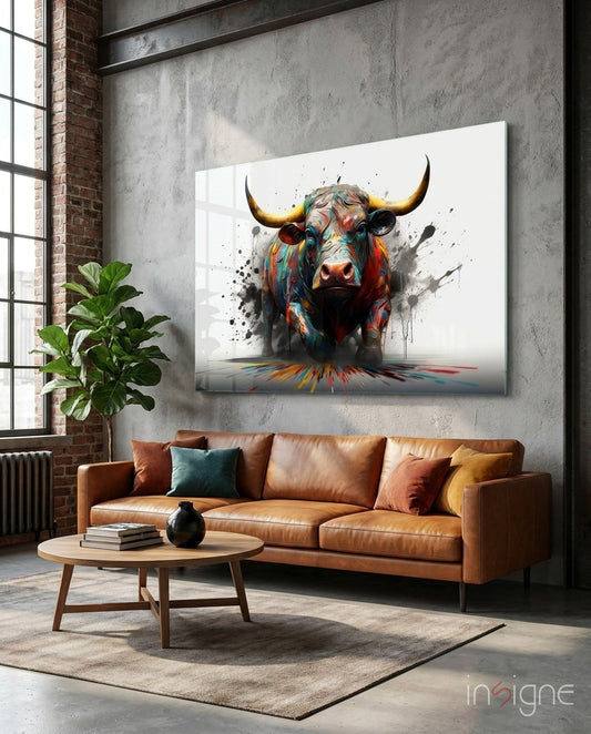Colorful abstract bull artwork displayed on concrete wall above cognac leather sofa in industrial loft interior.