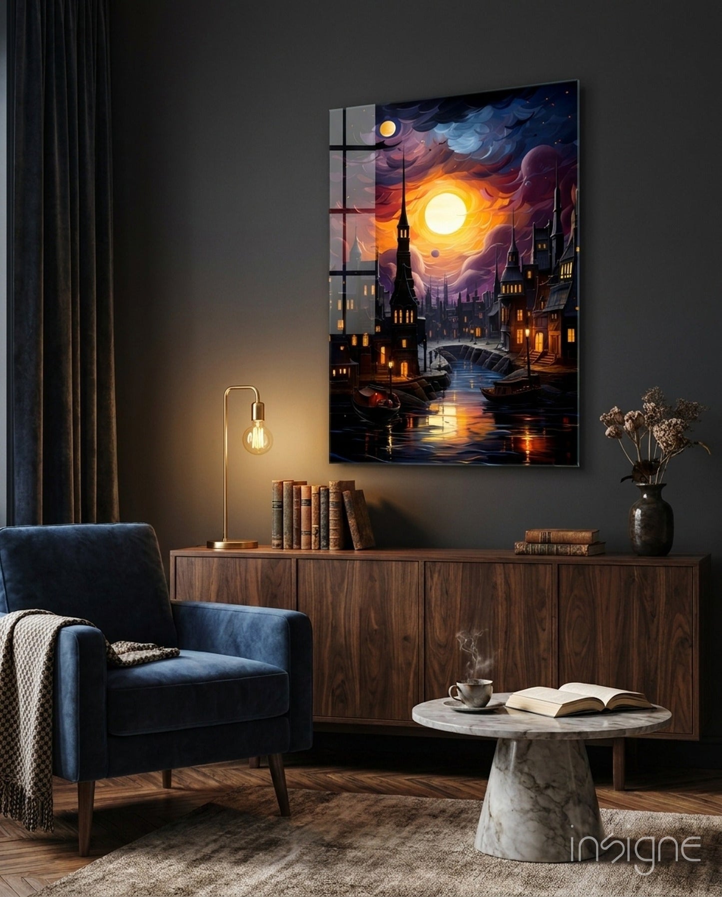 Illuminated glass wall art depicting a nighttime Venice canal scene with glowing sun and moon, displayed above a wooden credenza in a styled interior setting.