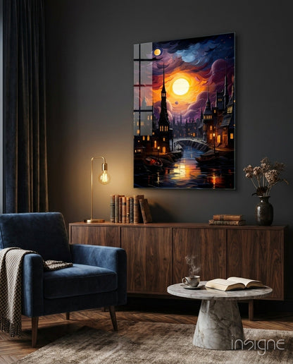Illuminated glass wall art depicting a nighttime Venice canal scene with glowing sun and moon, displayed above a wooden credenza in a styled interior setting.