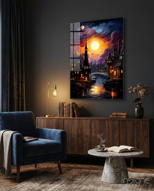 Illuminated glass wall art depicting a nighttime Venice canal scene with glowing sun and moon, displayed above a wooden credenza in a styled interior setting.