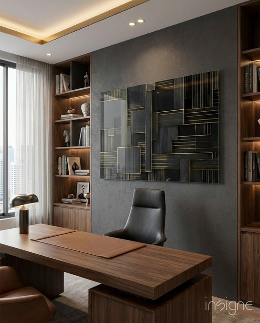 Modern executive office with geometric glass wall art featuring black and gold rectangular patterns above wooden desk.