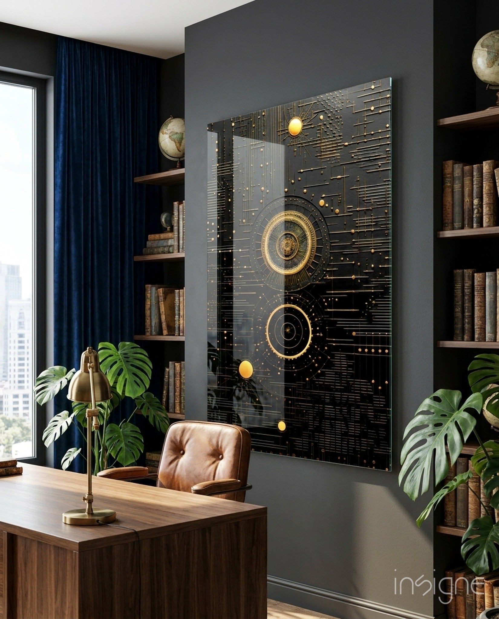 Ancient Sky Glass Wall Art displayed on dark gray office wall above wooden desk, featuring black glass with gold geometric circles and lines design.