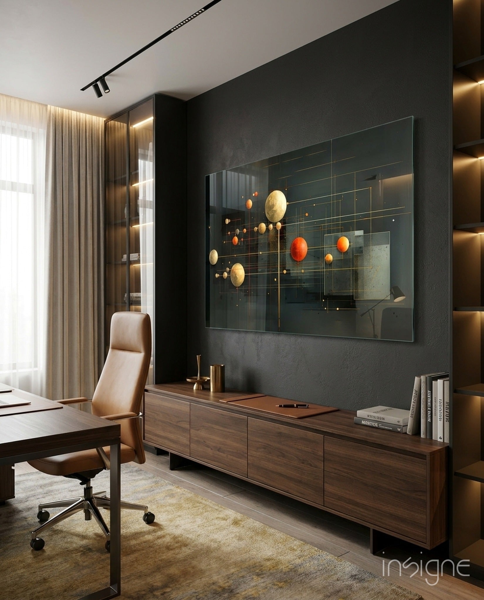 Modern office featuring planets glass wall art with golden and orange spheres displayed above wooden cabinet against dark charcoal wall.
