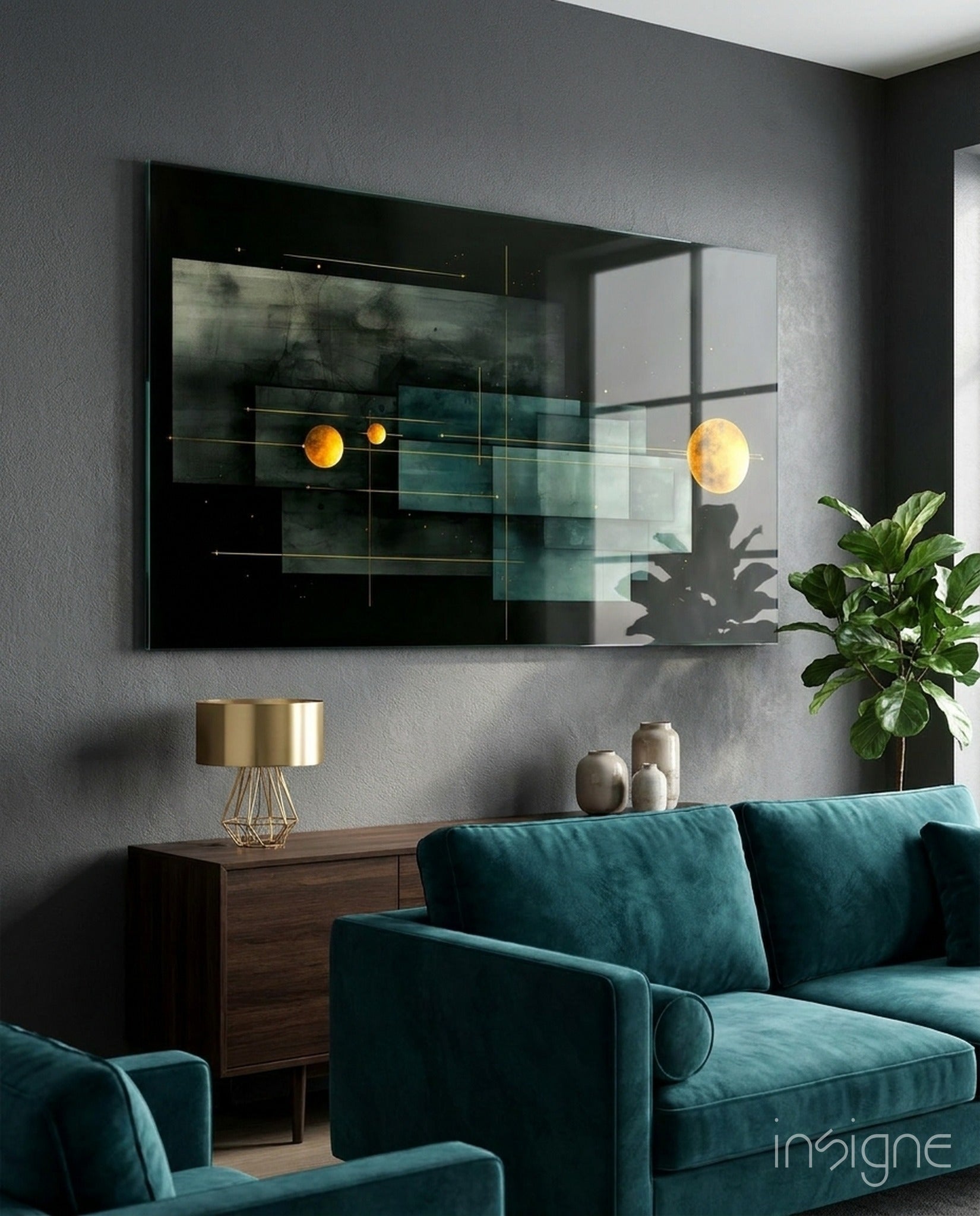 Modern living room featuring Planet Race glass wall art with illuminated golden planets on dark background, displayed above teal sofa and wooden side table.