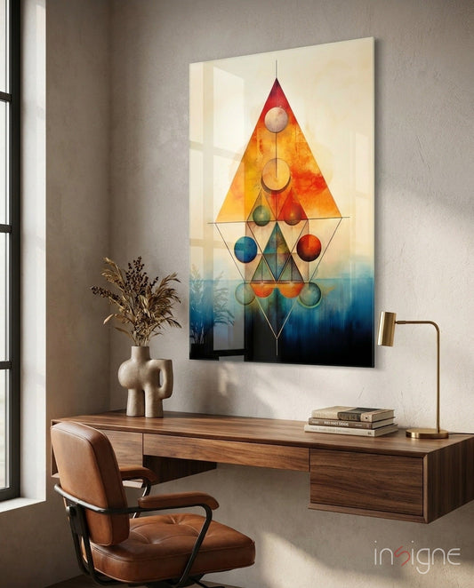 Modern workspace featuring geometric glass wall art with red, orange, yellow, and blue spheres arranged in triangular patterns above wooden desk and leather chair.