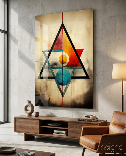 Abstract geometric glass wall art featuring overlapping triangles and circles in red, orange, yellow, and teal on cream background, displayed above wooden media console in modern interior.