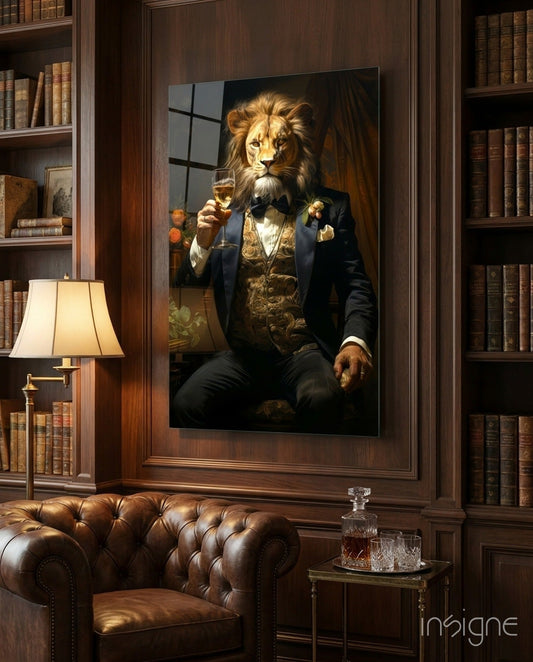 Framed glass wall art depicting a lion in formal black tuxedo holding a wine glass, displayed in a wood-paneled library setting above a leather Chesterfield sofa.