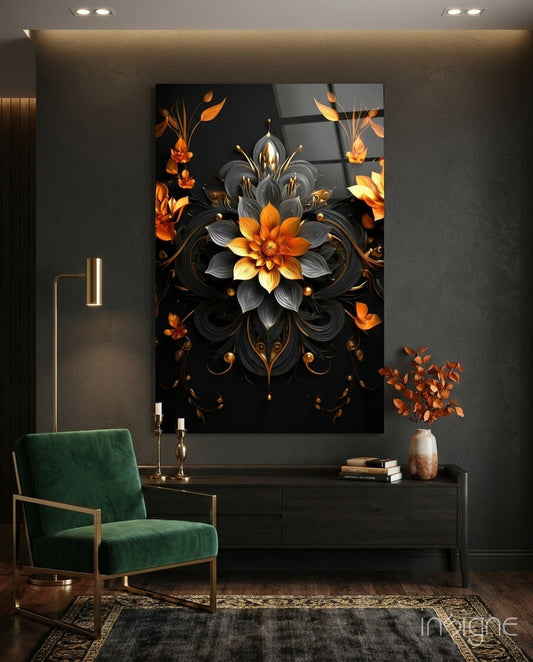 Black and gold ornate flower mandala glass wall art displayed above a black dresser in a modern room with green chair and warm lighting.