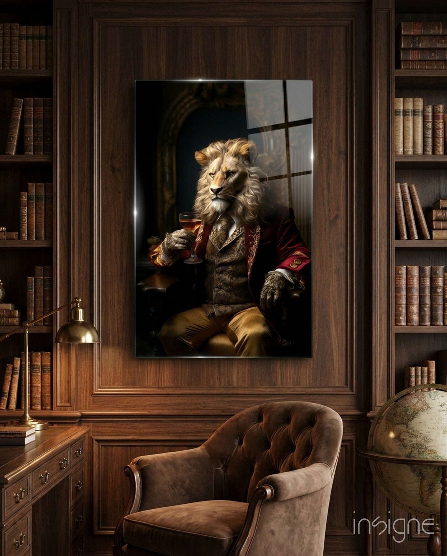 Regal Lion in Red Coat Glass Wall Art