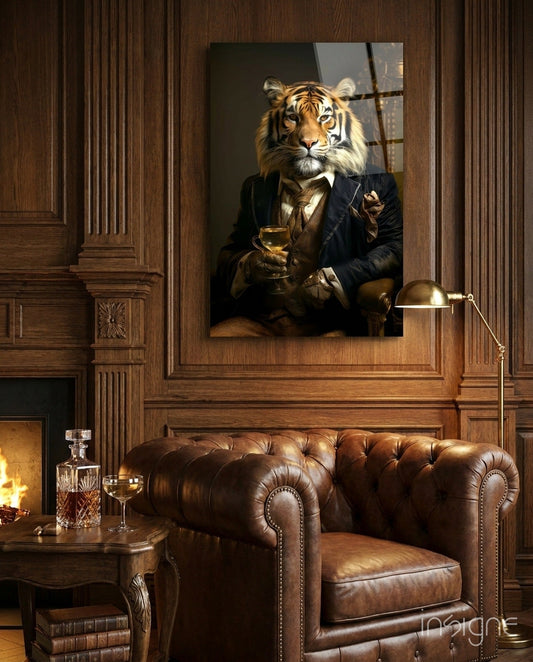 Tiger in navy suit holding whiskey glass displayed on wood-paneled wall above leather armchair in study room.