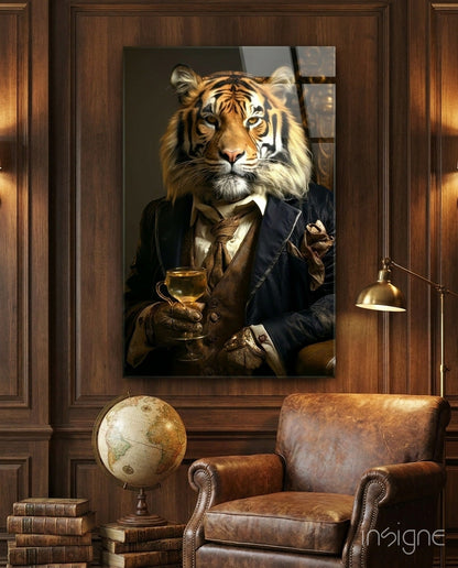 Aristocrat Tiger with Gold Goblet Glass Wall Art