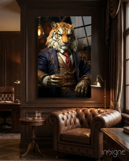 Duke Lion Glass Wall Art displayed above a brown leather Chesterfield chair in a dark wood-paneled room with warm lighting.