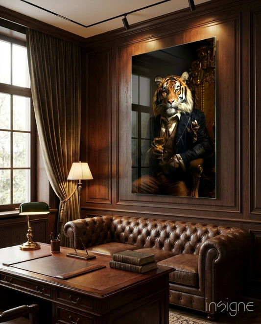 Tiger wearing a dark blazer and holding a golden goblet, displayed in a framed glass artwork on a wood-paneled office wall above a leather Chesterfield sofa.
