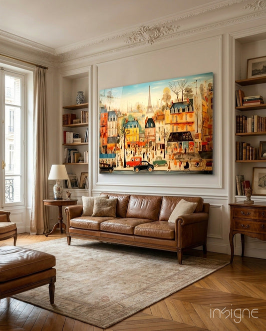 Colorful glass wall art depicting a vibrant Paris street scene with buildings, Eiffel Tower, and vintage cars displayed above a brown leather sofa in an elegant room.
