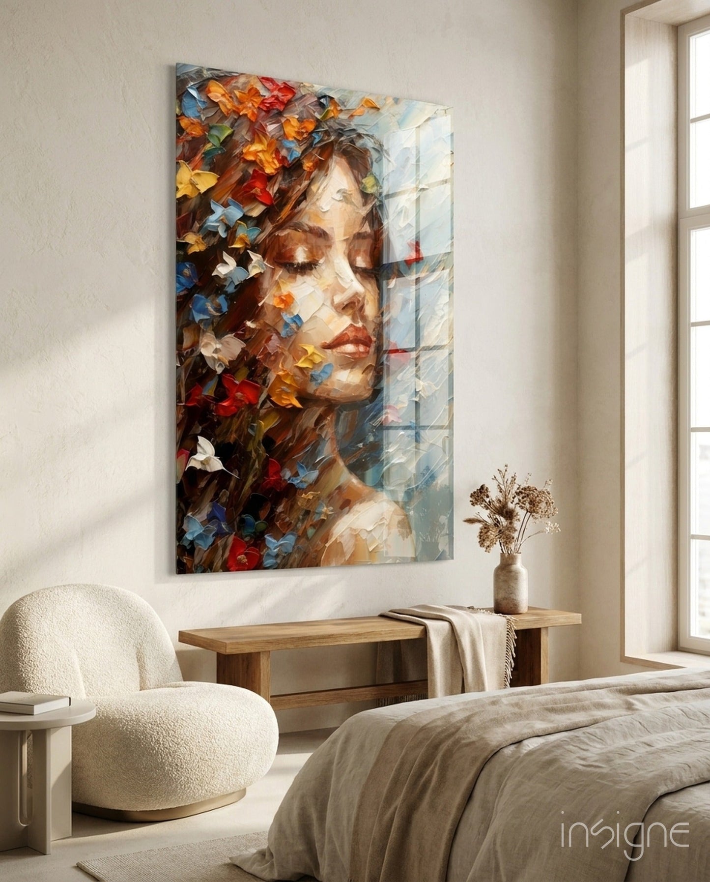 Butterflies in Hair Dreaming Woman Glass Wall Art