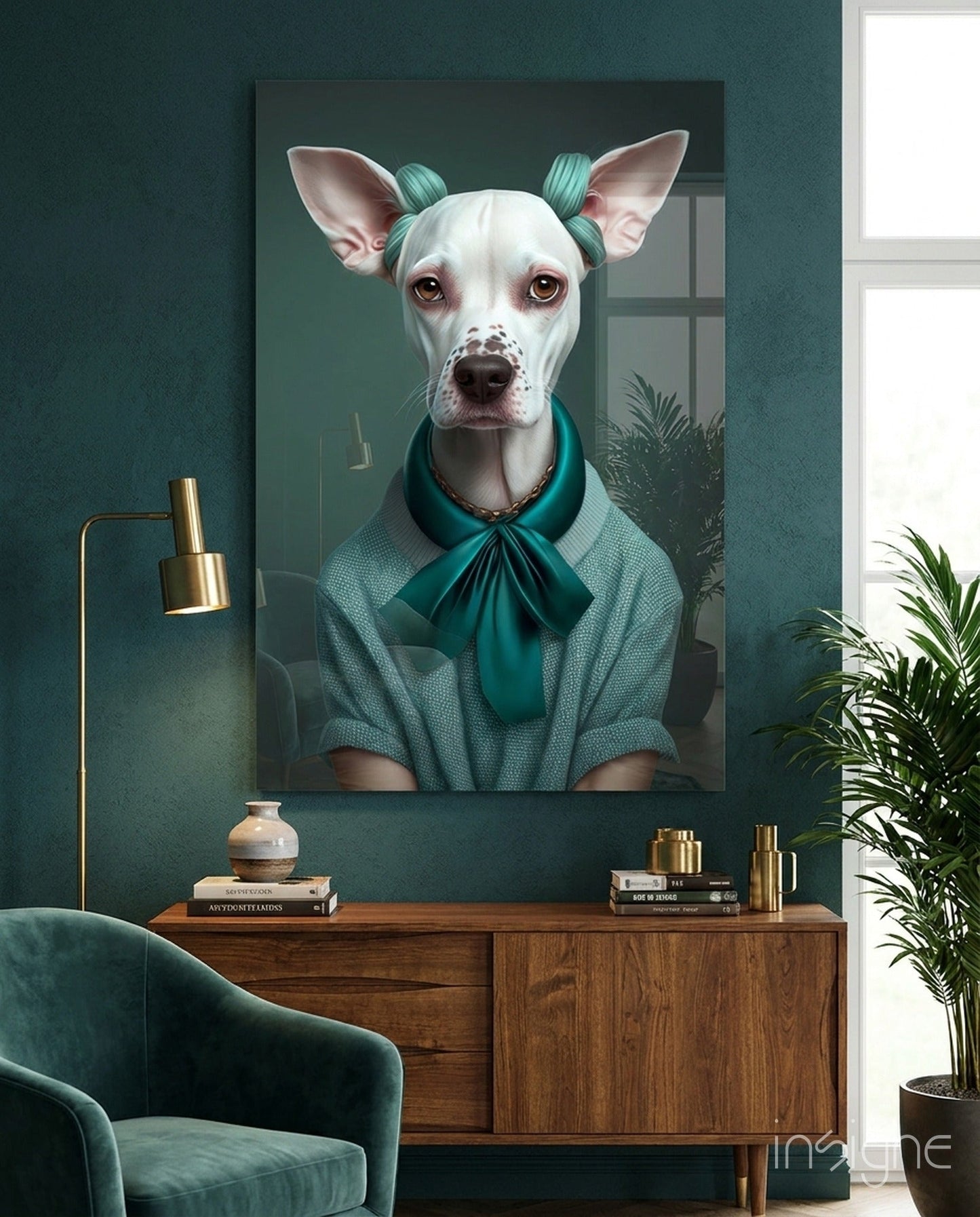 White Dog in Teal Bow Hair Rollers Glass Wall Art