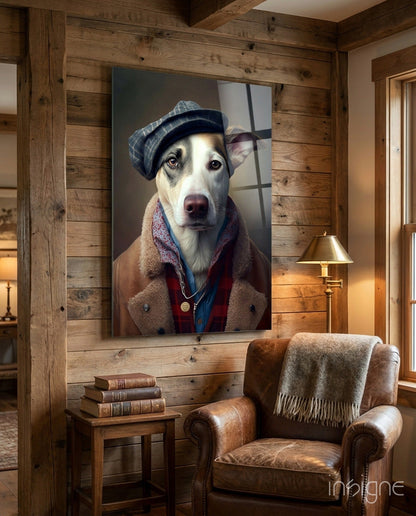 Dog in Flat Cap and Shearling Coat Glass Wall Art