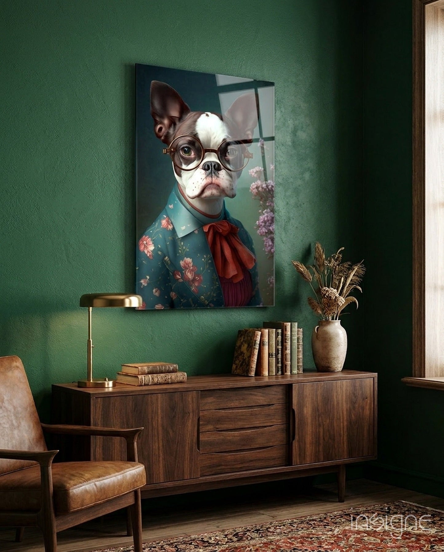 Bulldog in Round Glasses Floral Shirt Glass Wall Art