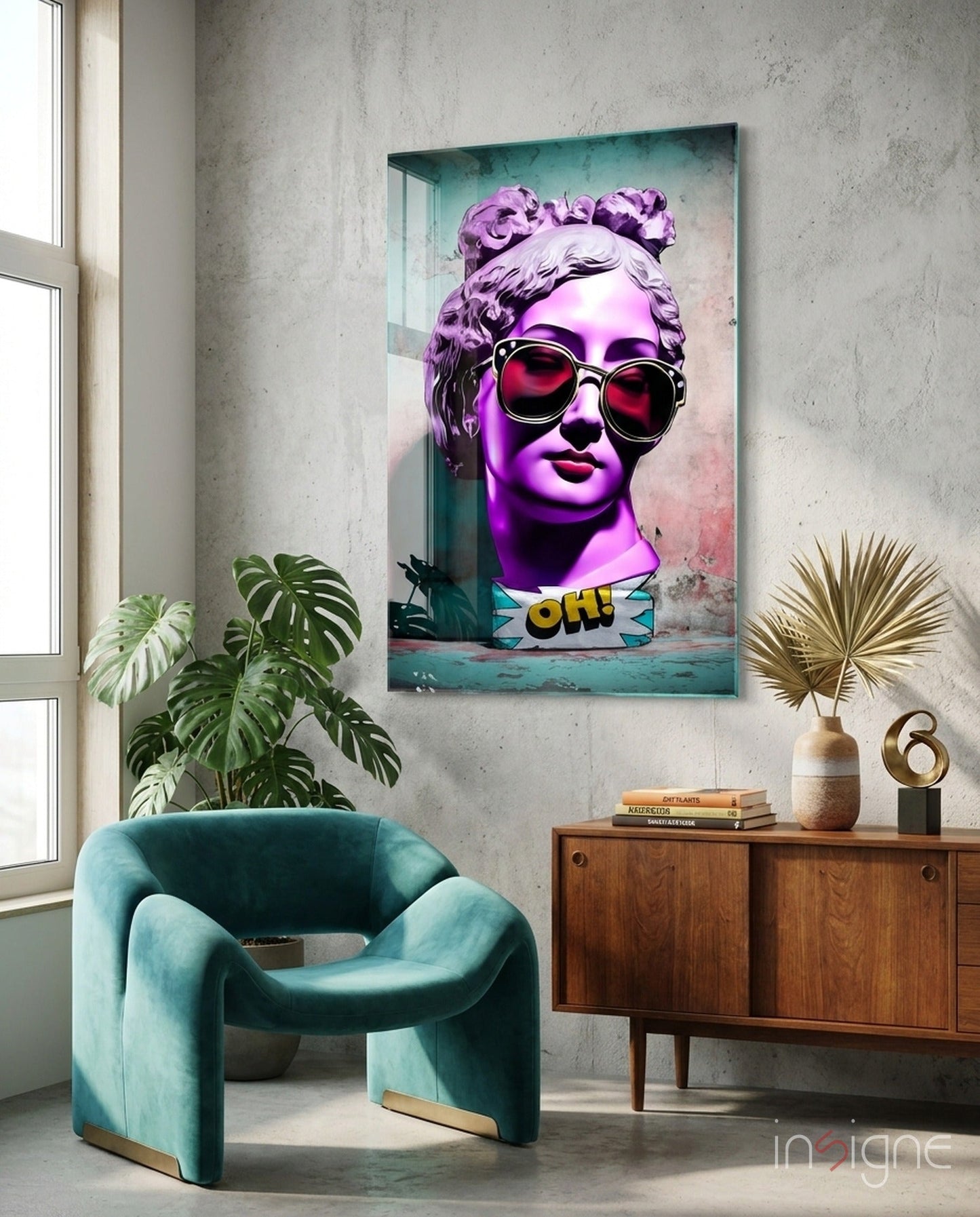 Purple Statue Head Mint Wall Glass Wall Art