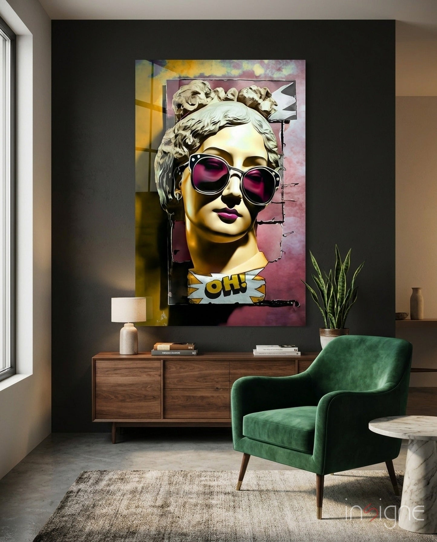Gold Face Statue Pink Torn Poster Glass Wall Art