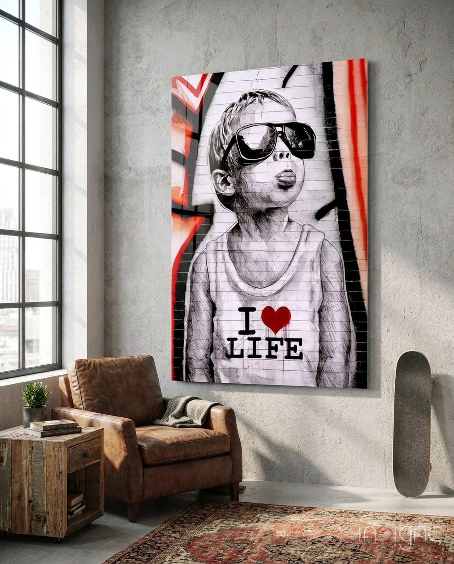 Red Graffiti Sunglasses Boy Glass Wall Art