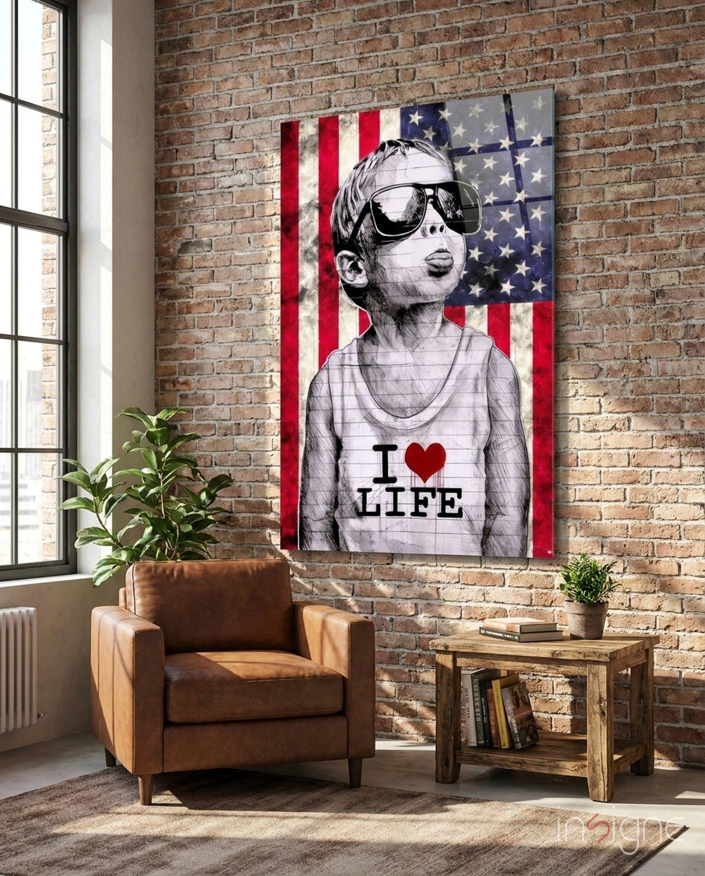 Rustic USA Flag Sunglasses Boy Glass Wall Art