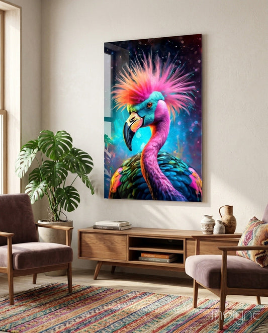 Colorful glass wall art of a vibrant flamingo with pink and teal plumage displayed above a wooden console in a modern living room.