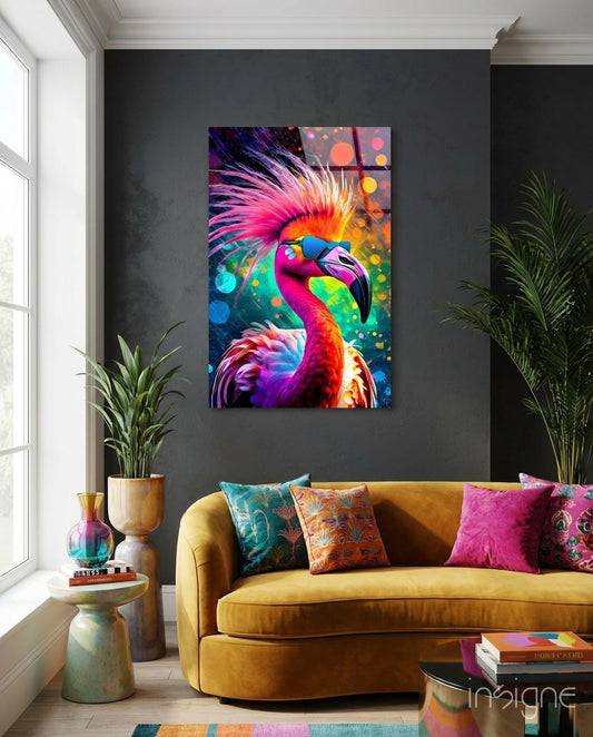 Colorful neon flamingo glass wall art hanging above a mustard yellow sofa in a modern living room with dark walls.