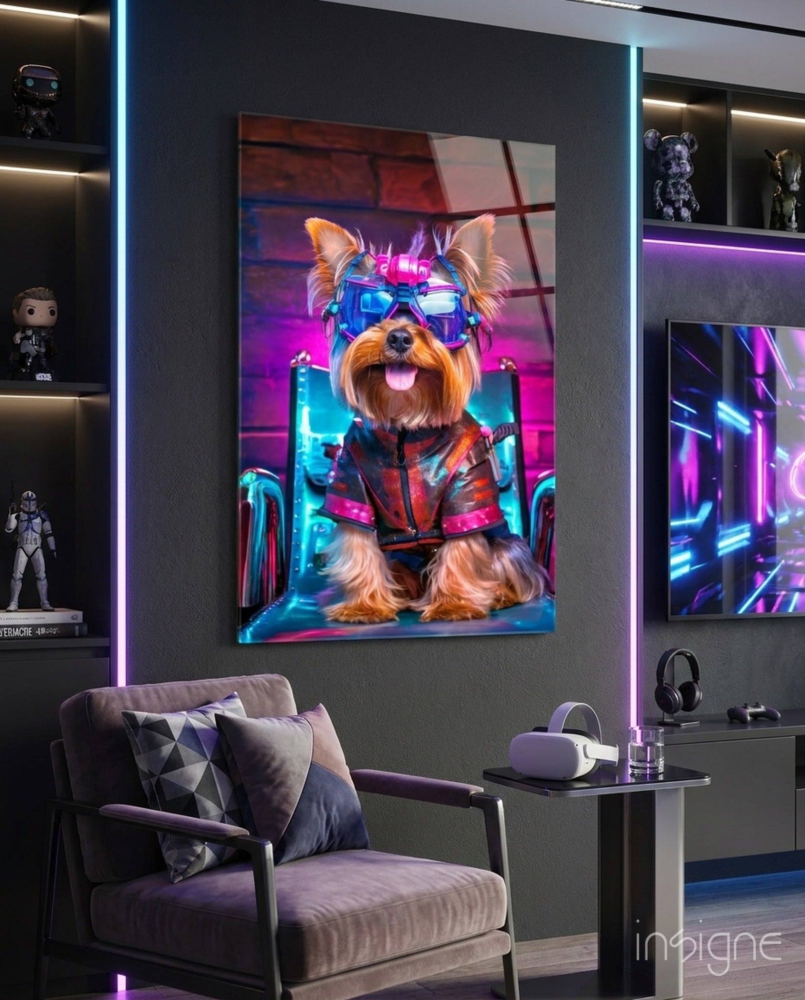 Framed neon-style glass wall art depicting a stylish dog wearing futuristic sunglasses and red jacket against vibrant purple and blue background, displayed in modern room setting.