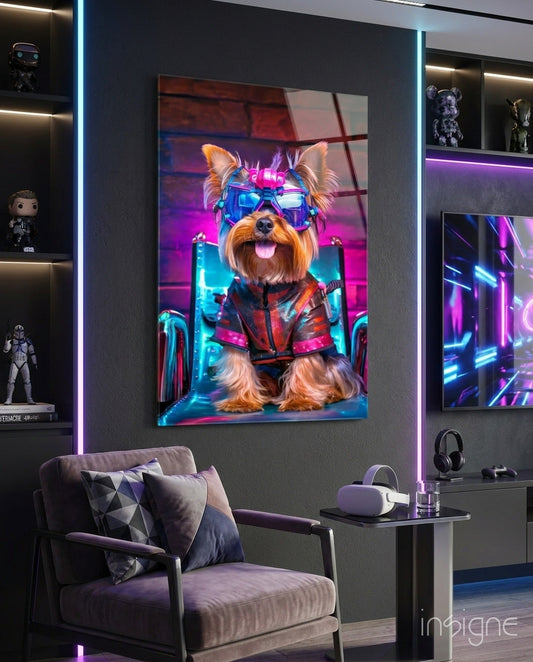 Framed neon-style glass wall art depicting a stylish dog wearing futuristic sunglasses and red jacket against vibrant purple and blue background, displayed in modern room setting.