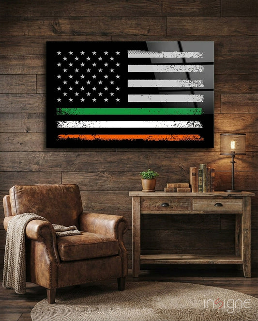 USA-Ireland flag glass wall art displayed above a brown leather chair and wooden desk in a wood-paneled room.