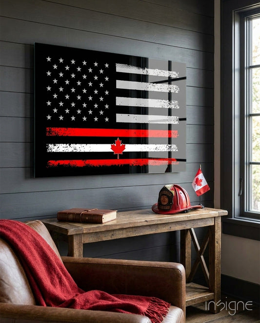 USA-Canada flag glass wall art displayed above wooden desk with firefighter helmet, books, and Canadian flag, styled with red blanket.
