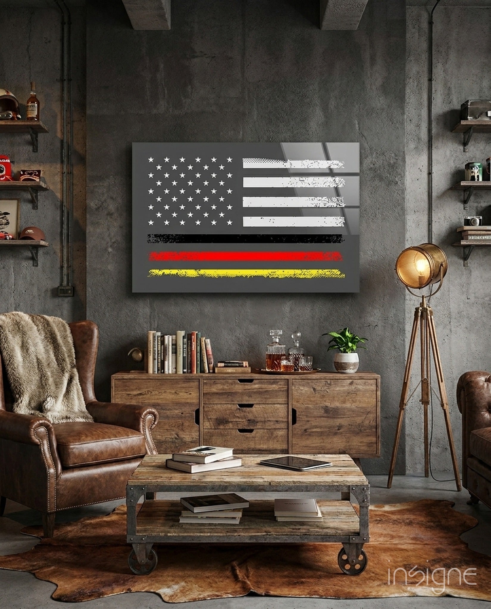 USA-Germany flag glass wall art displayed above wooden dresser in industrial loft room with leather chair and tripod lamp.