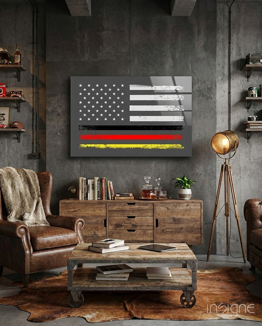 USA-Germany flag glass wall art displayed above wooden dresser in industrial loft room with leather chair and tripod lamp.