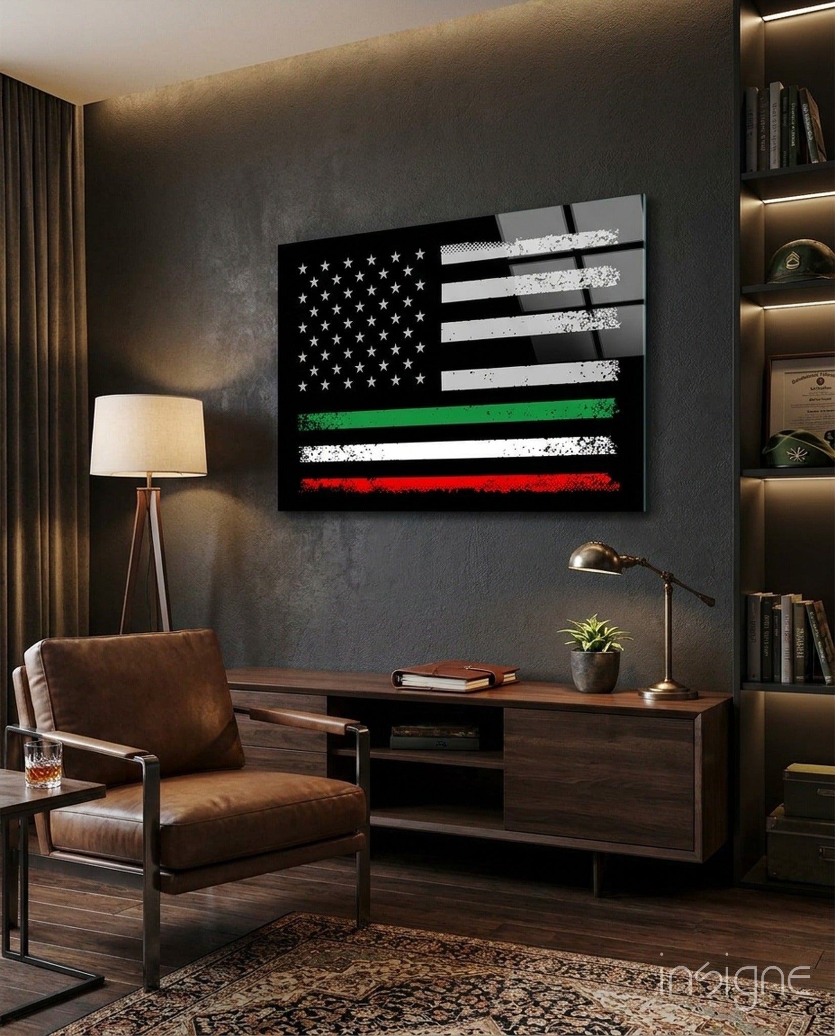 USA-Italia flag glass wall art with stars, white, green, and red stripes displayed above wooden desk in modern office setting.