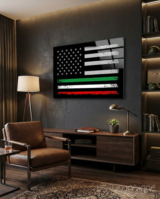 USA-Italia flag glass wall art with stars, white, green, and red stripes displayed above wooden desk in modern office setting.