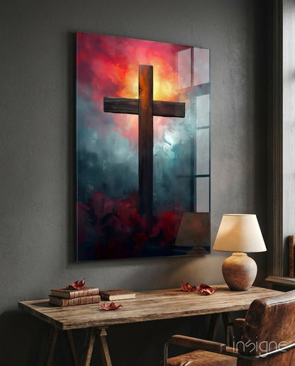 Dark Cross With Crimson Cloud Sunrise Glass Wall Art