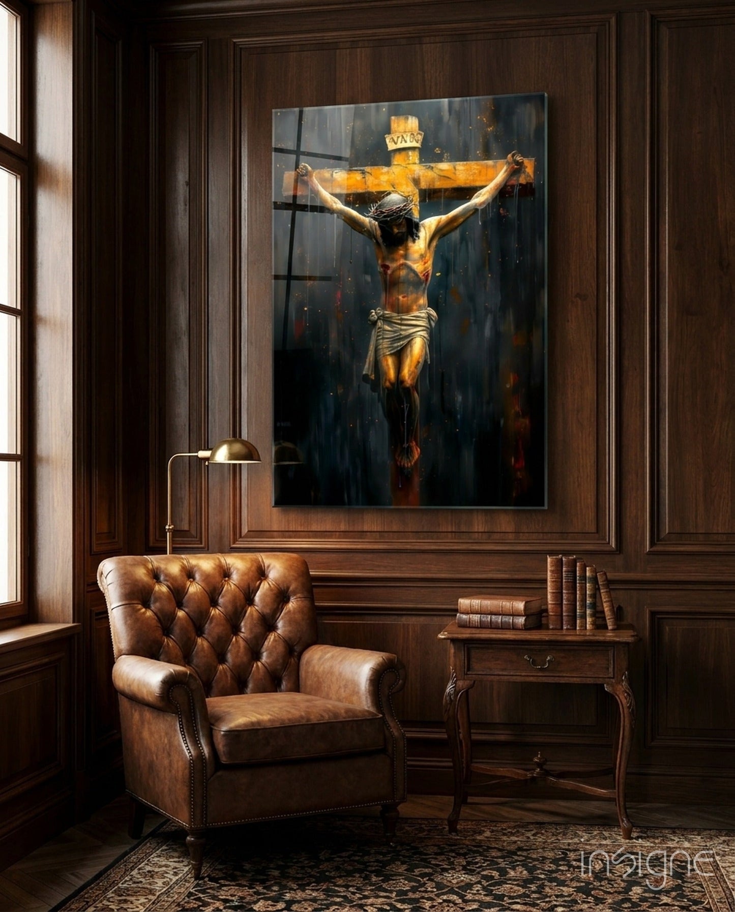 Golden Cross Crucifixion Dark Backdrop Glass Wall Art