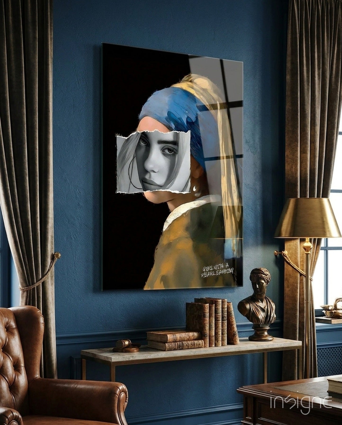 Contemporary glass wall art featuring a deconstructed portrait with blue headwrap and pearl earring displayed in an elegant blue study room.