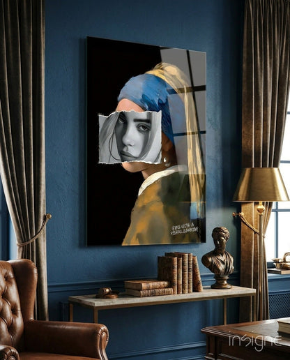 Contemporary glass wall art featuring a deconstructed portrait with blue headwrap and pearl earring displayed in an elegant blue study room.