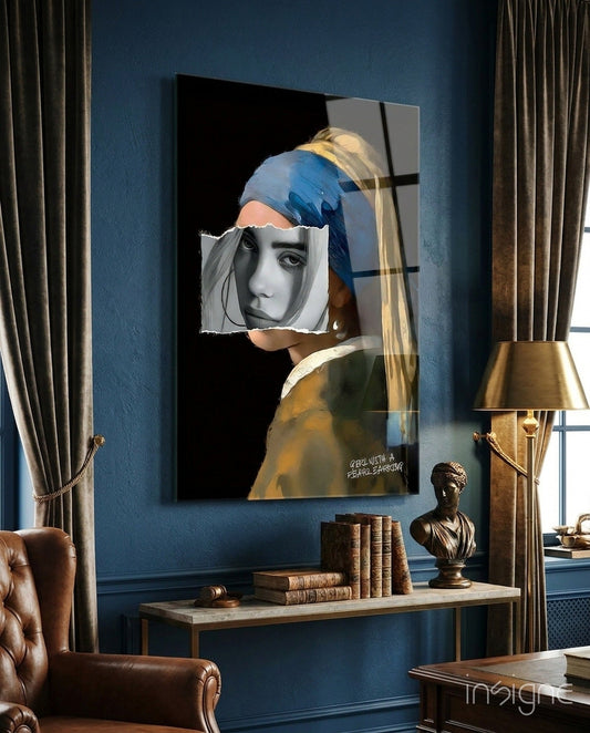 Contemporary Girl with Pearl a Earring Glass Wall Art || Designer Collection