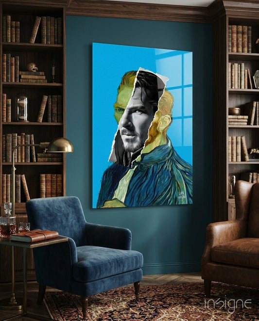 Contemporary glass wall art featuring a stylized portrait with blue background displayed in a teal library room with bookshelves and furniture.