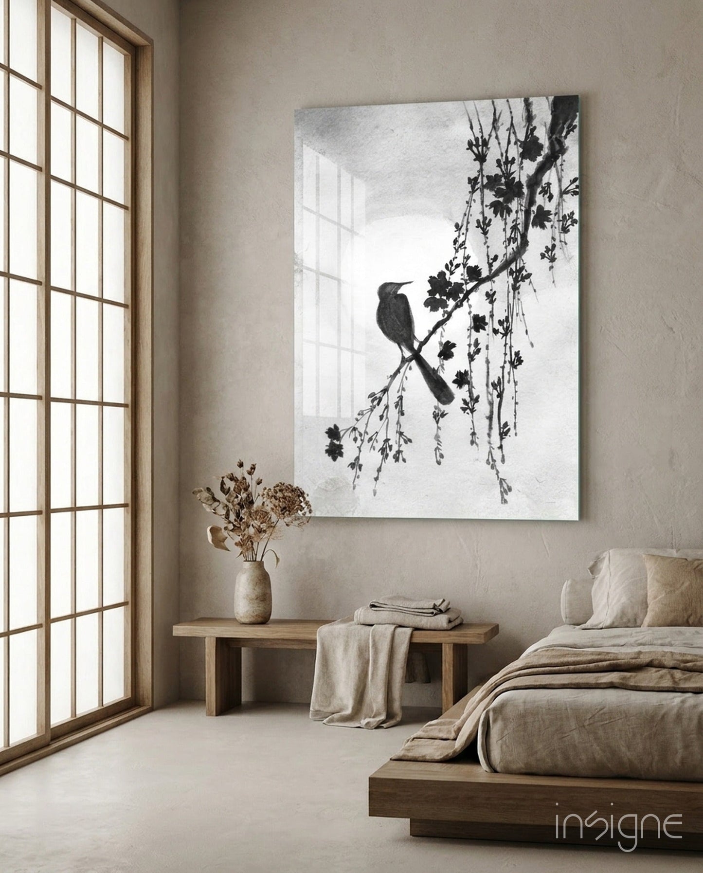 Black and White Bird on Blossom Branch Glass Wall Art