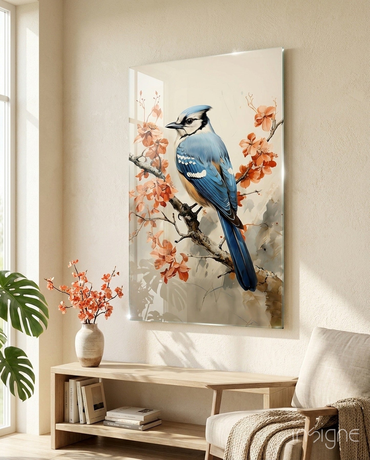 Blue Bird on Coral Blossom Branch Glass Wall Art