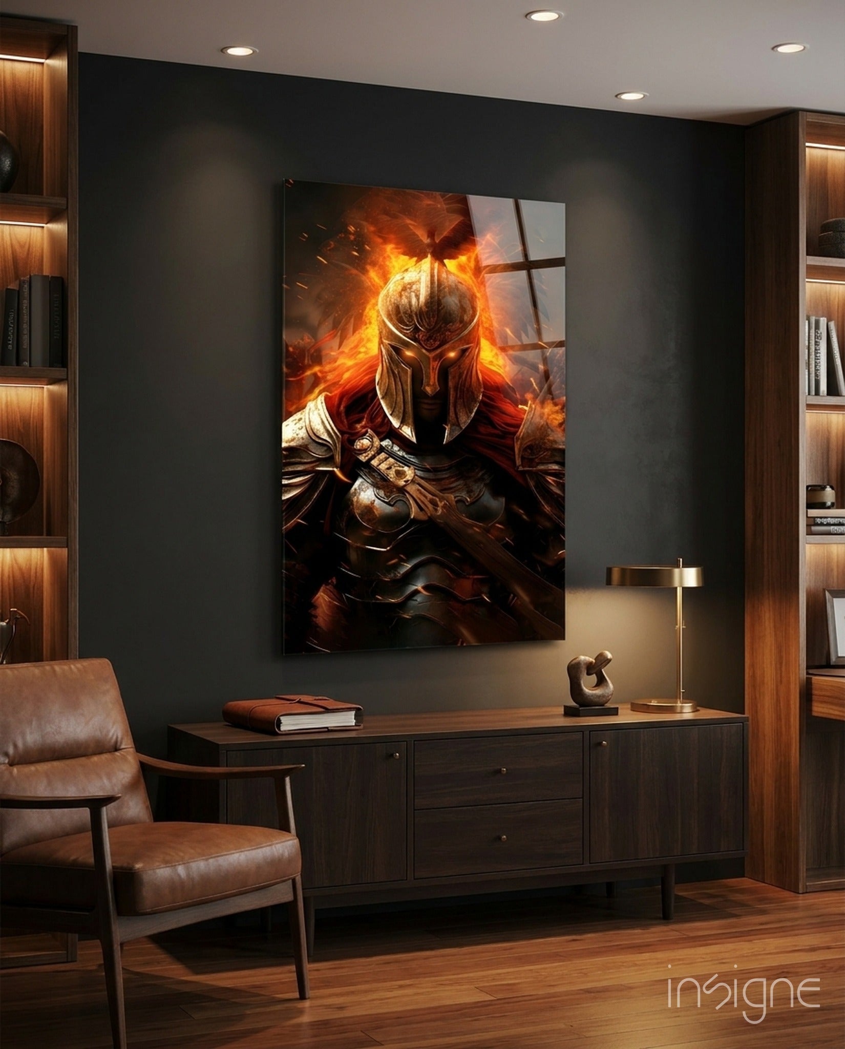 Warrior Glass Wall Art depicting fiery armored figure with glowing orange flames displayed above dark wooden desk in modern interior setting.
