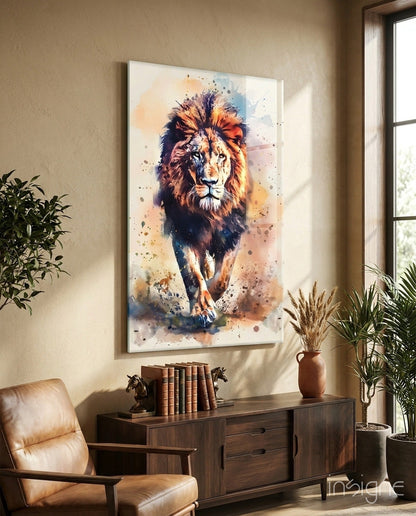 Watercolor Splash Walking Lion Glass Wall Art