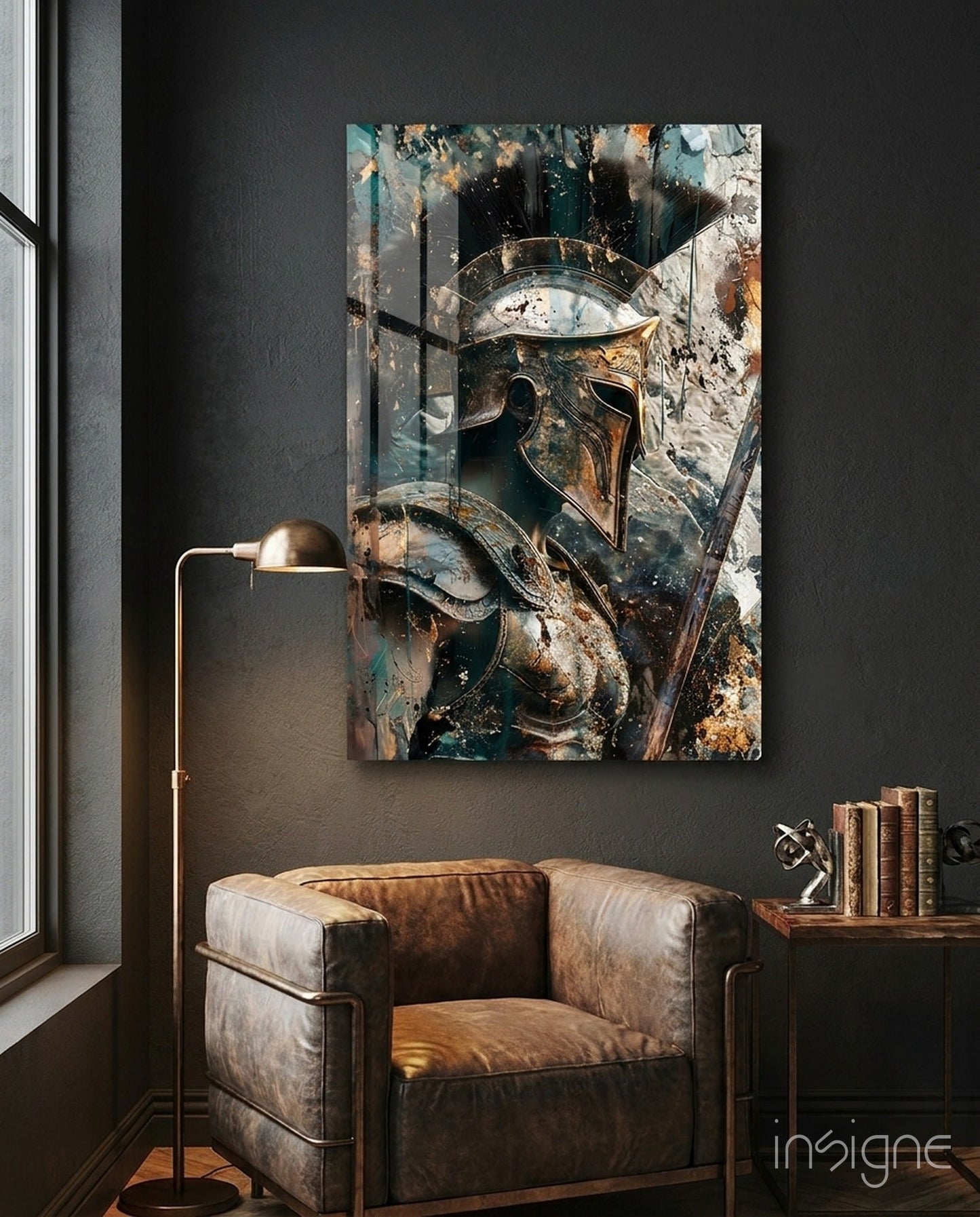 Teal Gold Spartan Helmet Glass Wall Art
