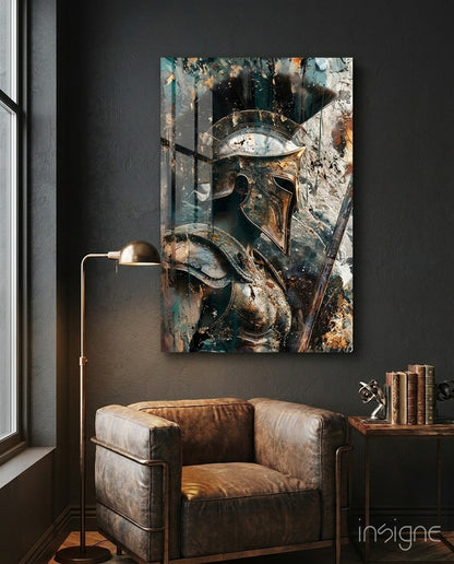 Teal Gold Spartan Helmet Glass Wall Art